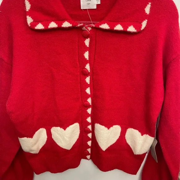 VALENTINE HEART CARDIGAN SWEATER, Peter Pan collar!! S - Picture 5 of 6